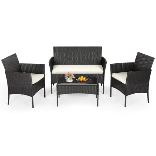 FDW | 4-Piece Patio Furniture Set | Black | Outdoor Wicker Furniture with Coffee Table | Modern Rattan Chairs Conversation Set | Outdoor Seating | Weather-Resistant | for Porch, Garden, Lawn - Image 2