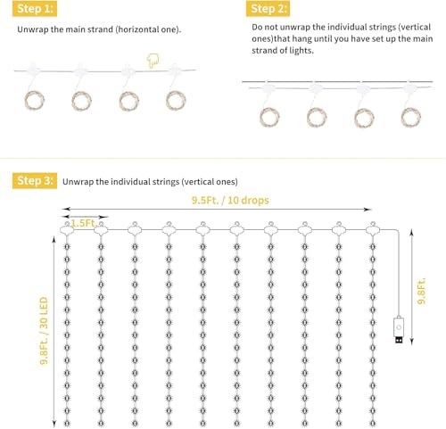 Minetom Curtain Lights, 300 LED Dimmable Fairy Lights Twinkle Lights with Remote and Timer, 8 Modes, USB Powered String Lights for Room Wall Party Xmas Indoor Decor, Warm White - Image 6