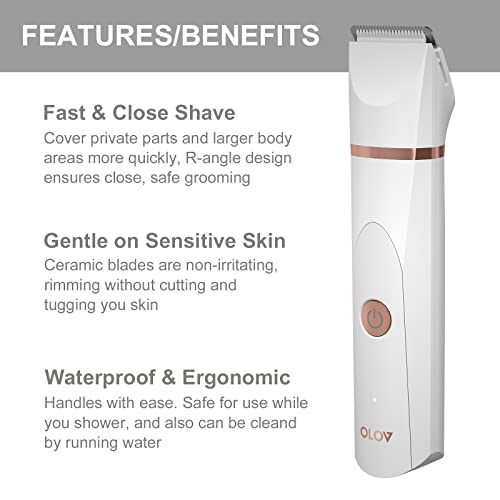 OLOV Electric Body Hair Trimmer - Groin Trimmer for Men - Bikini Trimmer Women - Wet/Dry Shaver Groomer, Replaceable Ceramic Blade Heads, USB Recharge Dock, Waterproof Hygiene Razor, White - Image 8