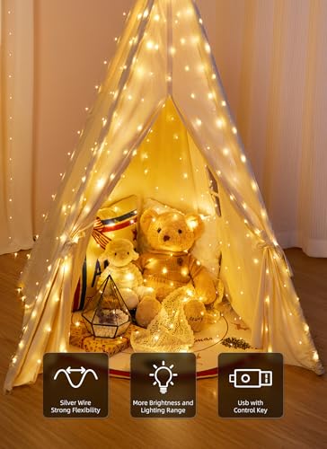 Brightown 300 LED Fairy Curtain Lights, 9.8ft x 9.8ft Warm White Curtain String Lights, USB Plug in 8 Lighting Modes Christmas Decoration, Hanging Lights with Remote for Bedroom Indoor Weddings Dorm - Image 4