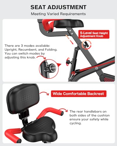 pooboo Folding Exercise Bike, Fitness Stationary Bike Machine, Upright Indoor Cycling Bike, 4-in-1 Magnetic X-Bike with 8-Level Adjustable Resistance, Bottle Holder, Arm Resistance Bands, Pulse Sensor & Back Support Cushion for Home Gym Workout (red) - Image 7
