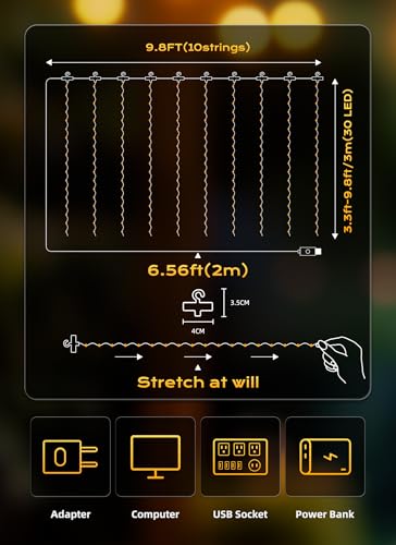 Brightown 300 LED Fairy Curtain Lights, 9.8ft x 9.8ft Warm White Curtain String Lights, USB Plug in 8 Lighting Modes Christmas Decoration, Hanging Lights with Remote for Bedroom Indoor Weddings Dorm - Image 3