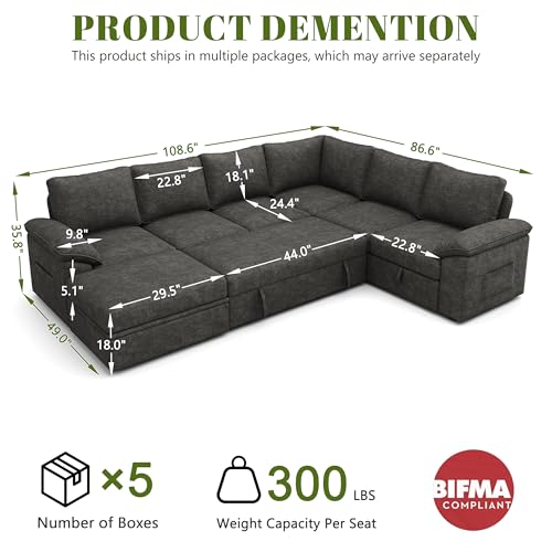 SUAWY 108 Inch Sectional Sleeper Sofa with Pull Out Bed, U Shaped 7 Seat Modular Sectional Sofa with Storage, Sectional Couches for Living Room, Cloud Modular Couch,Removable Sofa Cover, Dark Grey - Image 4