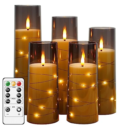 kakoya Flameless LED Candles with Timer 5 Pc Flickering Flameless Candles for Romantic Ambiance and Home Decoration Stable Acrylic Shell,with Embedded Star String,Battery Operated Candles(Grey) - Image 2