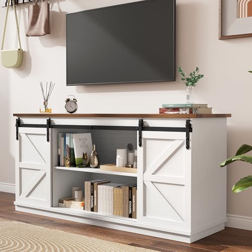 YESHOMY Farmhouse TV Stand for Televisions up to 65 Inches, Sliding Barn Doors and Storage Cabinets, Console Table and Media Furniture for Living Room, 58 Inch, Milk White - Image 5