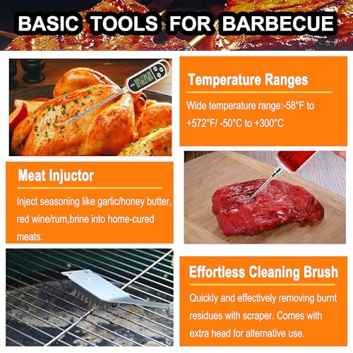 grilljoy 24PCS BBQ Grill Tools Set with Meat Thermometer and Injector - Extra Thick Stainless Steel Fork, Spatula& Tongs - Complete BBQ Accessories in Aluminum Case - Perfect Grill Gifts for Men Grey - Image 7