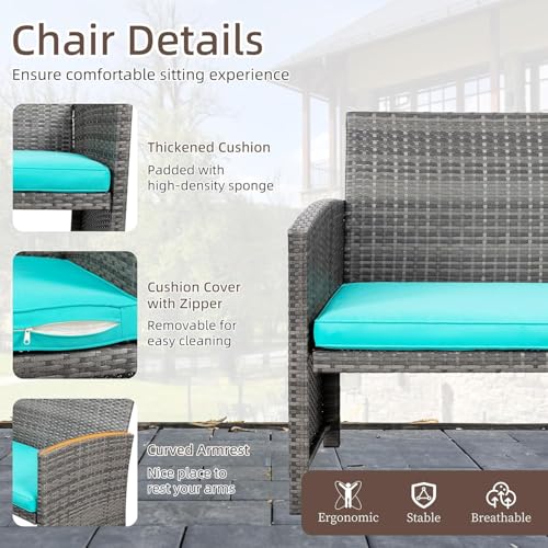 Shintenchi 4 Piece Patio Ratten Set Outdoor Furniture Set Wicker Conversation Set with Cushions and Tempered Glass Tabletop,Blue - Image 6