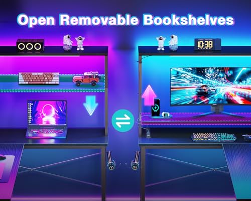 AODK L Shaped Desk Gaming Desk with LED Light & Power Outlet, 53 Inch Reversible L Shaped Computer Table with Shelf & Storage Bag & Hook for Home Office, Black - Image 7