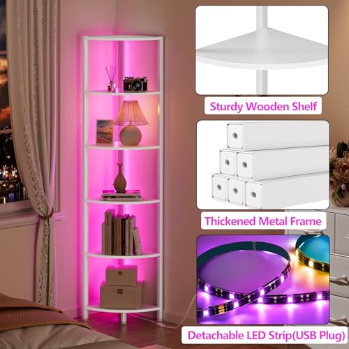 Furnulem 6 Tier Corner Shelf with LED Light, 67.5” Tall Standing Shelf Organizer, White Narrow Bookshelf with Storage Rack for Wall Corner, Living Room, Bedroom, Metal Frame, Wood Display Shelf - Image 9