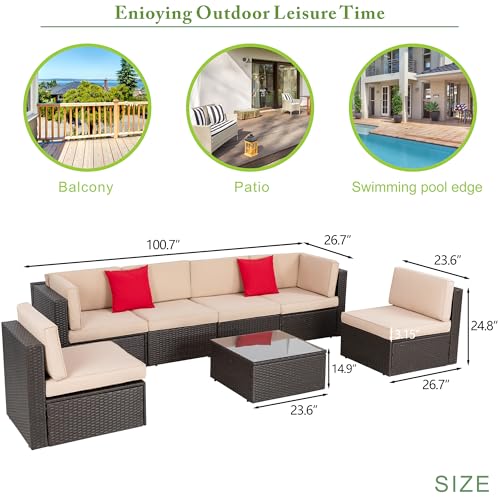 Vongrasig 7 Pieces Patio Furniture Sets, Outdoor All-Weather Wicker Patio Conversation Sets, L-Shaped Rattan Sectional Patio Sofa with Glass Table for Backyard, Beige - Image 3