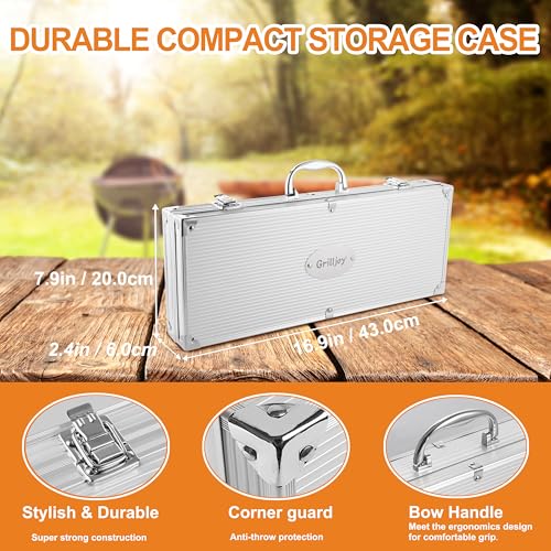 grilljoy 24PCS BBQ Grill Tools Set with Meat Thermometer and Injector - Extra Thick Stainless Steel Fork, Spatula& Tongs - Complete BBQ Accessories in Aluminum Case - Perfect Grill Gifts for Men Grey - Image 3