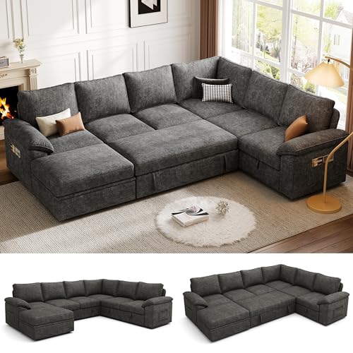 SUAWY 108 Inch Sectional Sleeper Sofa with Pull Out Bed, U Shaped 7 Seat Modular Sectional Sofa with Storage, Sectional Couches for Living Room, Cloud Modular Couch,Removable Sofa Cover, Dark Grey - Image 2