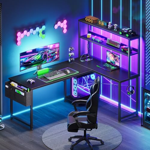 AODK L Shaped Desk Gaming Desk with LED Light & Power Outlet, 53 Inch Reversible L Shaped Computer Table with Shelf & Storage Bag & Hook for Home Office, Black - Image 3
