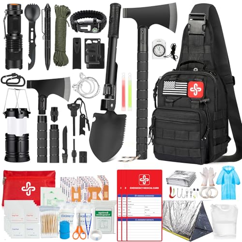 Survival Kit, 262Pcs Survival Gear and Supplies with First Aid Kit Pouch and Crossbody Bag, Emergency Kit with Tent, Camping Axe Hammer, Survival Shovel w/Pick, Bug Out Bag Gifts for Men Women - Image 2