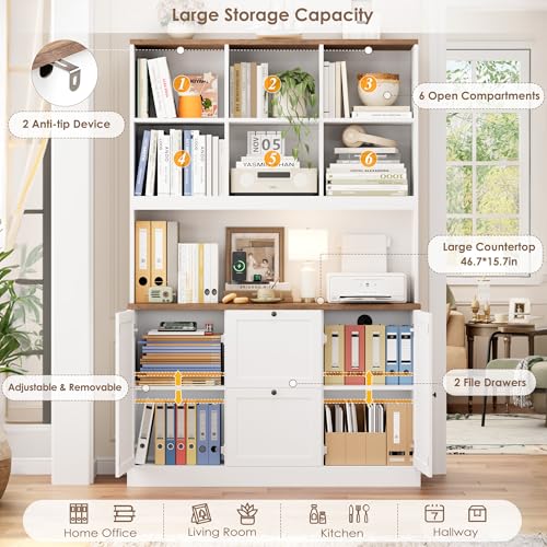 HIFIT 72'' Tall File Bookcase with Power Outlet & Printer Stand, 2 Drawer Filing Cabinets for Home Office Fit Hanging A4 File, Storage Cabinet w/ 3 Tier Open Book Shelf & Doors for Living Room, White - Image 7