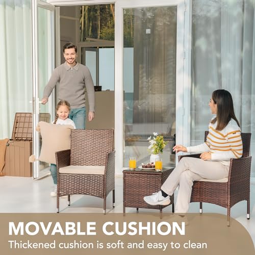 Devoko Patio Porch Furniture Sets 3 Pieces PE Rattan Wicker Chairs with Table Outdoor Garden Furniture Sets (Brown/Beige) - Image 5