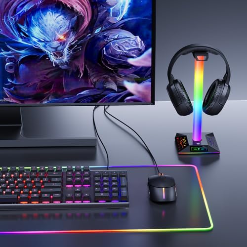 Xergur Gaming Headphone Stand PC Accessories - RGB Headset Stand with 2 USB Charger, Cool LED Headphone Holder PC Gaming Accessories Gift for Boys Men Gamers, Computer Game Hardware for Desk - Image 7