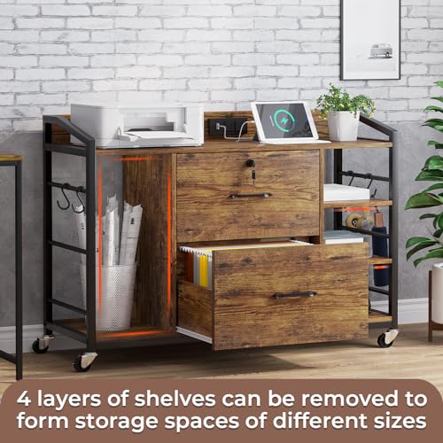SEDETA 44" File Cabinet, Filing Cabinet fits Legal/Letter Size, 2 Drawer File Cabinets for Home Office with Lock, Power Strip, 6 Storage Shelves, Rustic Brown - Image 9