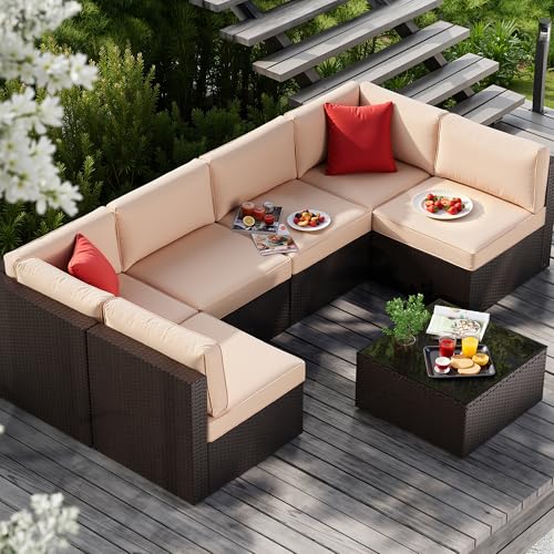 Vongrasig 7 Pieces Patio Furniture Sets, Outdoor All-Weather Wicker Patio Conversation Sets, L-Shaped Rattan Sectional Patio Sofa with Glass Table for Backyard, Beige - Image 4