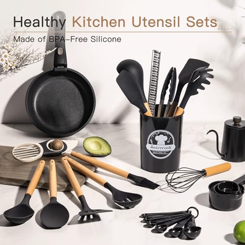 Astercook Kitchen Utensils Set, 39 PCS Silicone Cooking Utensils Set with Wooden Handle, 446°F Heat Resistant Food Grade Utensil Sets, BPA Free Kitchen Gadgets Tools Set for Nonstick Cookware (Black) - Image 4