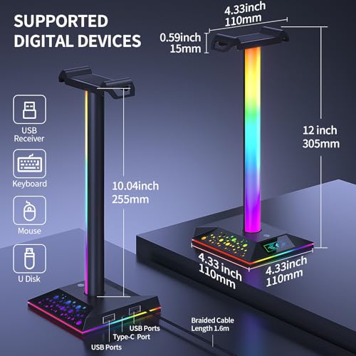 Xergur Gaming Headphone Stand PC Accessories - RGB Headset Stand with 2 USB Charger, Cool LED Headphone Holder PC Gaming Accessories Gift for Boys Men Gamers, Computer Game Hardware for Desk - Image 4