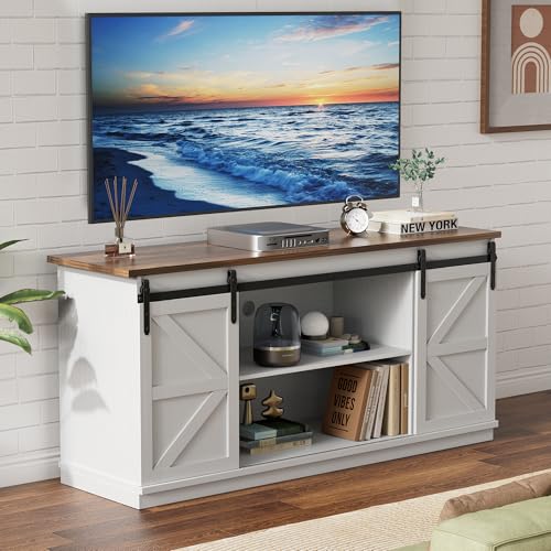 YESHOMY Farmhouse TV Stand for Televisions up to 65 Inches, Sliding Barn Doors and Storage Cabinets, Console Table and Media Furniture for Living Room, 58 Inch, Milk White - Image 2