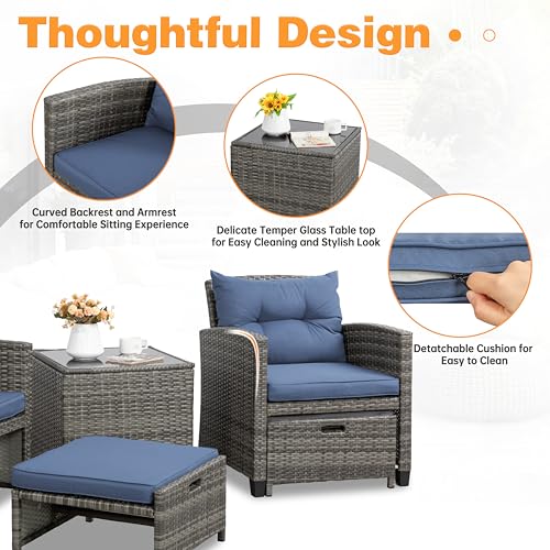 Shintenchi 5 Pieces Patio Furniture Set, Outdoor Wicker Patio Conversation Set with Ottoman, All Weather Rattan Outside Chairs with Coffee Table & Cushion for Porch, Garden, Backyard, Navy - Image 7