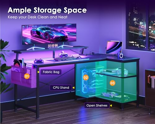 ODK 48 Inch Gaming Desk with USB Charging Ports and LED Lights, Reversible L Shaped Computer Desk with Storage Shelves & Monitor Stand, Corner Gamer Desk Table with Power Outlets, Black - Image 8