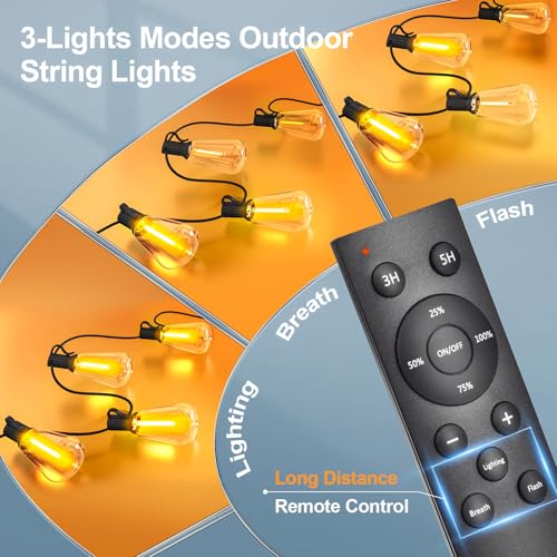 Outdoor String LED Patio Lights - 100Ft 30M Outside Waterproof Light with Remote Dimmable ST38 Shatterproof Bulb Connectable Hanging Outdoor Electric Lighting for Backyard Yard Gazebo Porch Party - Image 3