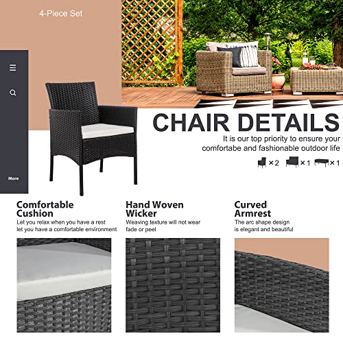 Shintenchi 4 Piece Outdoor Patio Furniture Sets, Small Wicker Patio Conversation Furniture Rattan Chair Set with Tempered Glass Coffee Table for Backyard Porch Garden Poolside Balcony,Black - Image 6