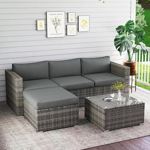 Wisteria Lane 5-Pieces Outdoor Patio Furniture Set, All Weather Wicker Rattan Sectional Sofa, Patio Conversation Set with Cushions & Glass Coffee Table for Backyard Porch Garden Balcony, Grey - Image 2