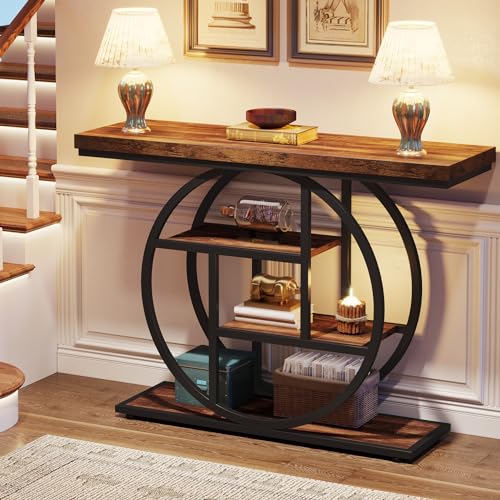 Tribesigns 41.3" Console Table, Industrial 4-Tier Sofa Table Entryway Table with Circle Base, Narrow Wood Accent Tables with Storage Shelves for Living Room, Hallway, Foyer, Rustic Brown - Image 6