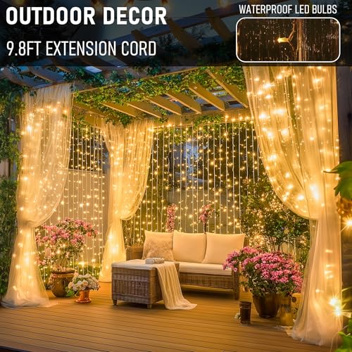 Dazzle Bright 300 LED Curtain Lights, Plug in Fairy Curtain Lights for Bedroom, Christmas Hanging String Lights Outdoor for Window Backdrop Wall Wedding Patio Indoor Dorm Party Decor, Warm White - Image 6
