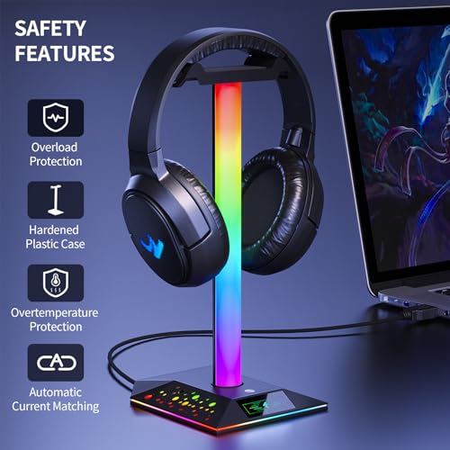 Xergur Gaming Headphone Stand PC Accessories - RGB Headset Stand with 2 USB Charger, Cool LED Headphone Holder PC Gaming Accessories Gift for Boys Men Gamers, Computer Game Hardware for Desk - Image 3