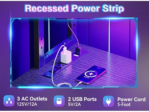 AODK L Shaped Desk Gaming Desk with LED Light & Power Outlet, 53 Inch Reversible L Shaped Computer Table with Shelf & Storage Bag & Hook for Home Office, Black - Image 6