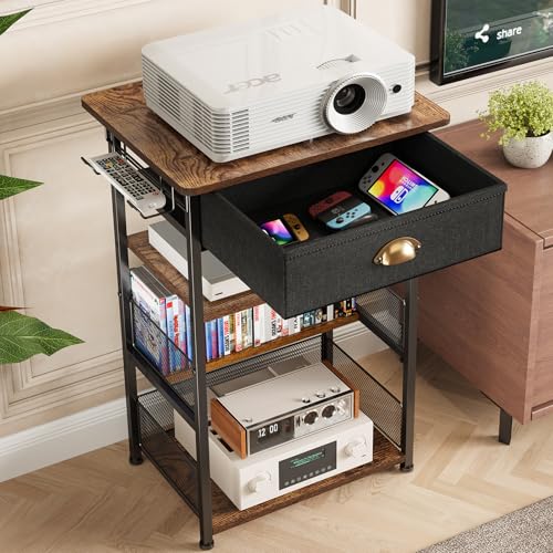 Hongtamoya 4-Tier AV Media Stand with Drawer, Video Game Console Shelf with 2 Hooks, Audio Rack Tower Perfect for/Xbox/ PS5/Switch/Game Consoles/DVD/Record Player/Projector/Sky Box/TV Accessories - Image 6