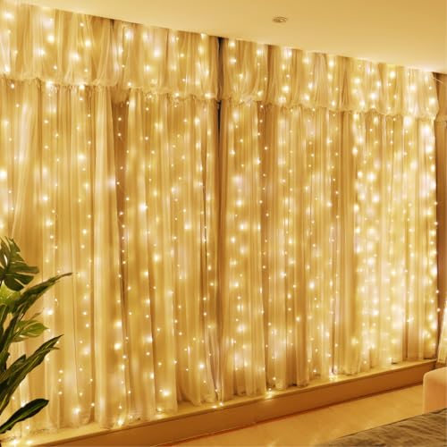 HXWEIYE 300LED Fairy Curtain Lights, 9.8x9.8Ft USB Plug-in 8 Modes Christmas String Hanging Lights with Remote for Bedroom Backdrop Wedding Party Indoor Wall Decor, Warm White, Standard - Image 2
