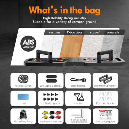Push Up Board,Home Gym,Portable Exercise Equipment,Pilates Bar and 20 Fitness Accessories with Resistance Bands and Ab Roller Wheel,Full Body Workout at Home - Image 5
