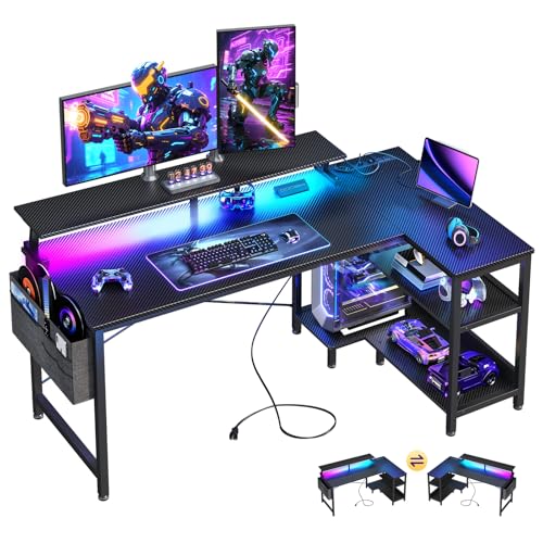 ODK 48 Inch Gaming Desk with USB Charging Ports and LED Lights, Reversible L Shaped Computer Desk with Storage Shelves & Monitor Stand, Corner Gamer Desk Table with Power Outlets, Black - Image 2