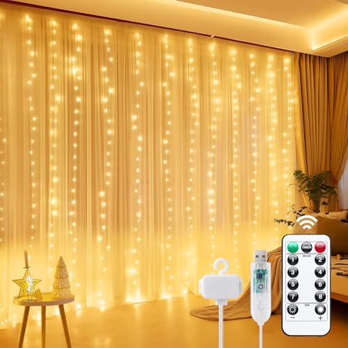Minetom Curtain Lights, 300 LED Dimmable Fairy Lights Twinkle Lights with Remote and Timer, 8 Modes, USB Powered String Lights for Room Wall Party Xmas Indoor Decor, Warm White - Image 2