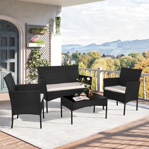 Shintenchi 4 Piece Outdoor Patio Furniture Sets, Small Wicker Patio Conversation Furniture Rattan Chair Set with Tempered Glass Coffee Table for Backyard Porch Garden Poolside Balcony,Black - Image 2