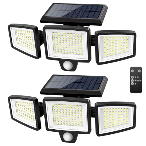Tuffenough Solar Outdoor Lights 2500LM 210 LED Security Lights with Remote Control,3 Heads Motion Sensor Lights, IP65 Waterproof,270° Wide Angle Flood Wall Lights with 3 Modes(2 Packs) - Image 2