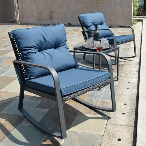 HLNPTN 3 Piece Rocking Bistro Patio Set, Outdoor Rocking Chair, Outdoor Bistro Sets Wicker Patio Furniture Rocking Chairs Sectional Couch with Tempered Glass Top Coffee Table & Cushions, Dark Blue - Image 3