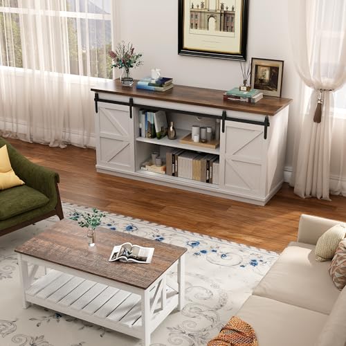 YESHOMY Farmhouse TV Stand for Televisions up to 65 Inches, Sliding Barn Doors and Storage Cabinets, Console Table and Media Furniture for Living Room, 58 Inch, Milk White - Image 6