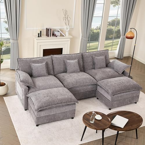 GOSUHI 108" U Shaped Couch, Modular Sectional Sofa, 3-Seater Comfy Cloud Couch with Movable Ottoman, Deep Seat Couches for Living Room, Chenille, Slate - Image 2
