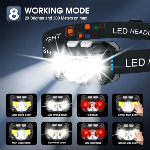 LHKNL Headlamp Flashlight, Lumen Ultra-Light Bright LED Rechargeable Headlight with White Red Light, 2-Pack Waterproof Motion Sensor Head Lamp,8 Modes for Outdoor Camping Running Hiking Fishing - Image 5