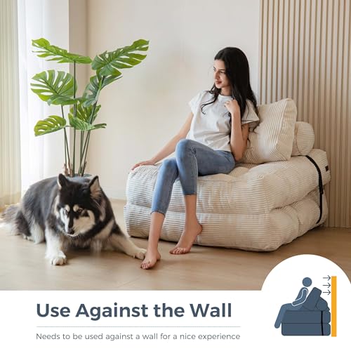 MAXYOYO Folding Sofa Bed, Convertible Sleeper Chair with Pillow Foldable Mattress with Back Support, Portable Fold Out Chair Bed Comfy Floor Sofa Lounge for Living Room Bedroom, Beige, Single - Image 4