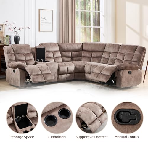 EBELLO Manual Reclining Sectional Sofa Set for Living Room, Soft Fabric Recliner Corner Sectional Couch with Center Console, Cup Holder and Storage, Brown - Image 5