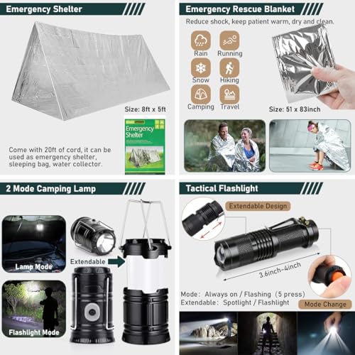 Survival Kit, 262Pcs Survival Gear and Supplies with First Aid Kit Pouch and Crossbody Bag, Emergency Kit with Tent, Camping Axe Hammer, Survival Shovel w/Pick, Bug Out Bag Gifts for Men Women - Image 6
