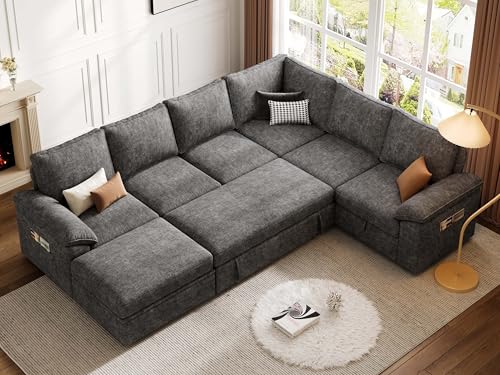 SUAWY 108 Inch Sectional Sleeper Sofa with Pull Out Bed, U Shaped 7 Seat Modular Sectional Sofa with Storage, Sectional Couches for Living Room, Cloud Modular Couch,Removable Sofa Cover, Dark Grey - Image 10